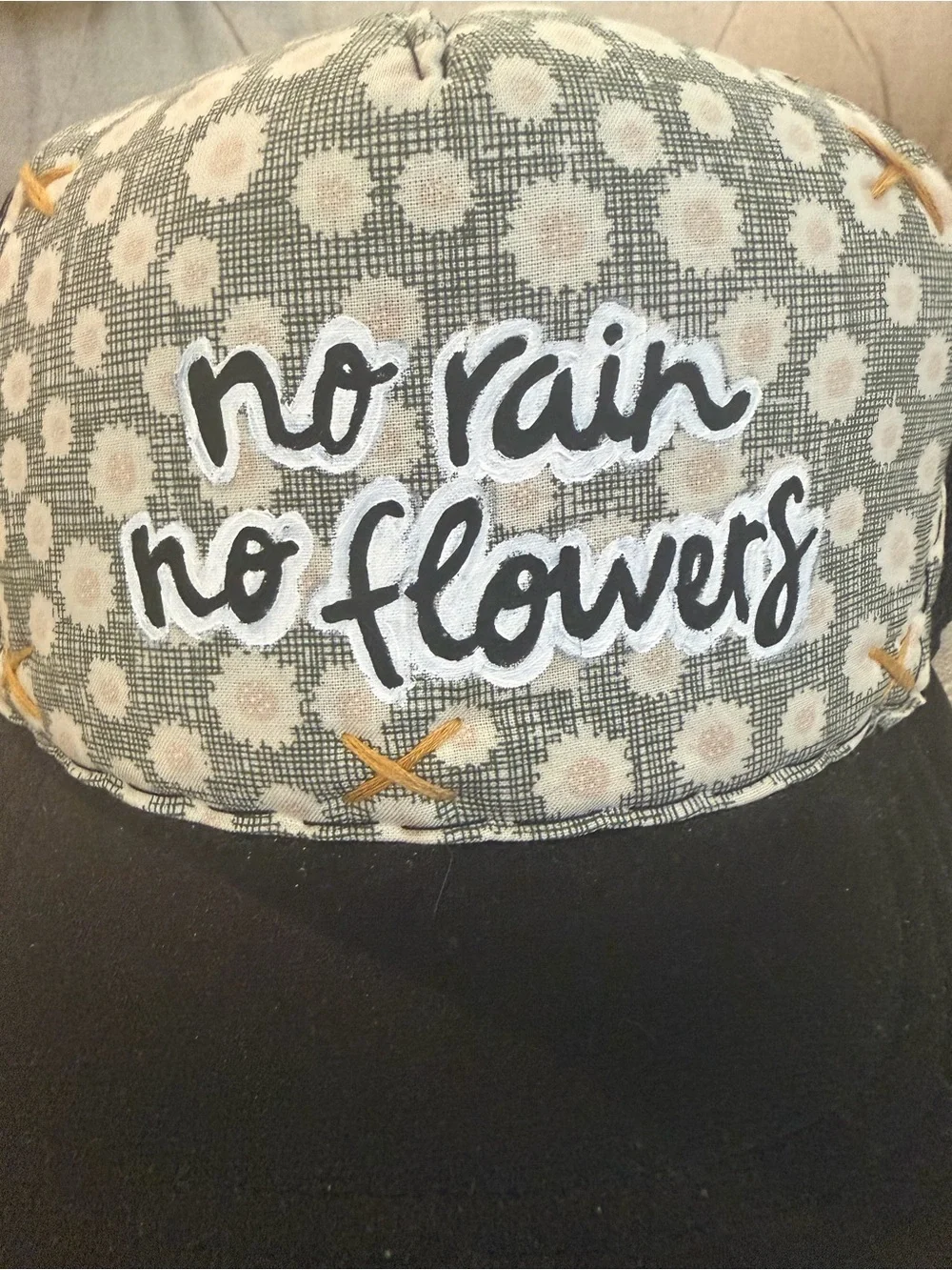 No Rain No Flowers Hand Made, Hand Painted Trucker Hat - Black & Gray Floral